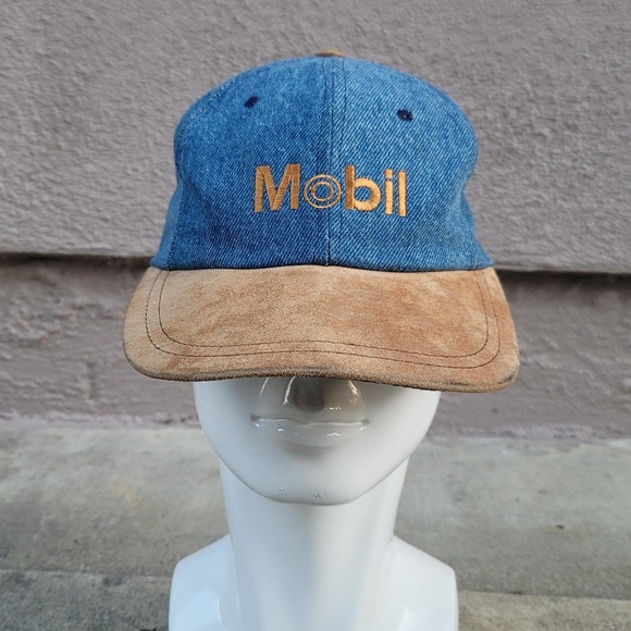 Vtg Mobil Gas Denim Leather Strapback Hat With Suede Bill - Picture 2 of 7
